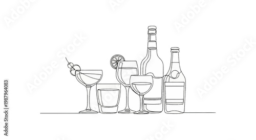 Continuous line art illustration of assorted alcoholic beverages including a martini with olives, wine glasses, cocktail with lemon slice, and liquor bottles on white background.