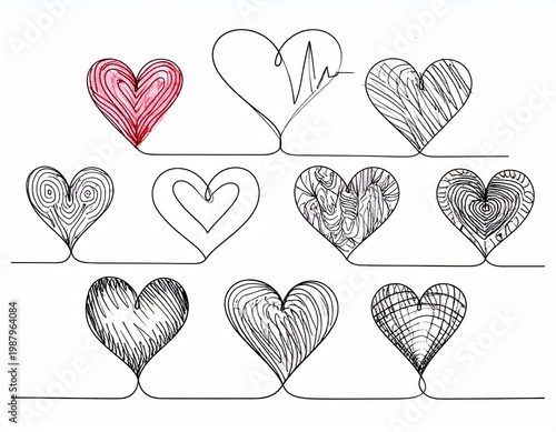 Hand-Drawn Heart Sketches and Heartbeat EKG Pulse Line Collection Isolated on White Background