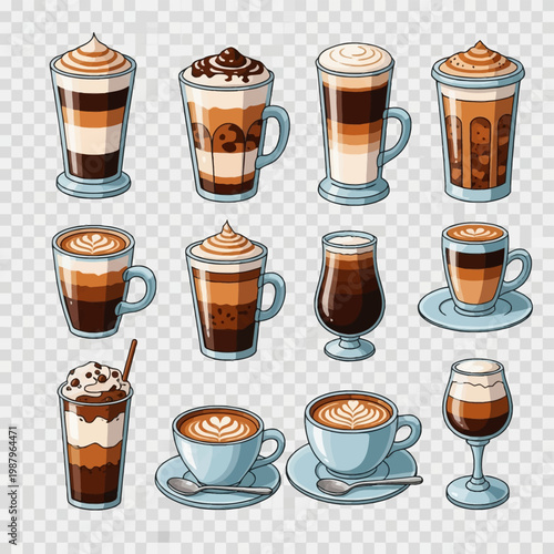 Set of detailed coffee drink illustrations featuring cappuccino with latte art, layered mochas with whipped cream, iced coffee, espresso cups, and specialty coffee glass mugs.