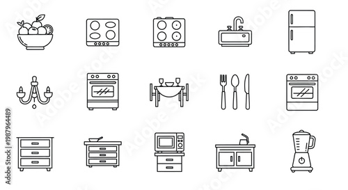 A collection of simple black and white line icons depicting various kitchen and dining room elements