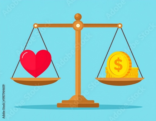 Heart and Money Coins on Balanced Justice Scales Concept Illustration for Life and Work Harmony