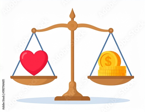 Heart and Money Coins on Balanced Justice Scales Concept Illustration for Life and Work Harmony