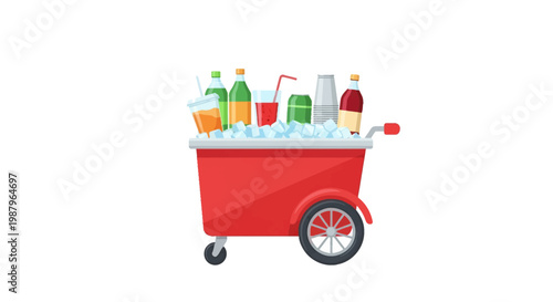 Red beverage cart filled with ice cubes and assorted drinks including soda bottles, fruit juice glass with a straw, green cans, and a stack of plastic cups on white background.