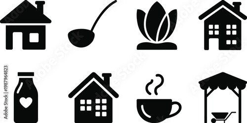 Home lifestyle icons vector set, house silhouette, ladle kitchen utensil, plant flower symbol, milk bottle, steaming cup, market stall graphic