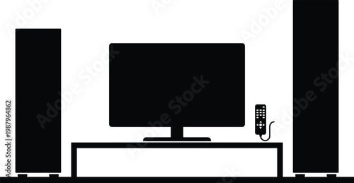 Home theater silhouette, flat screen television, stereo speaker system, remote control design, modern entertainment setup, audio visual technology, digital illustration artwork