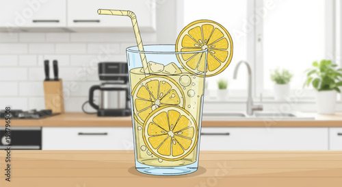 Vector illustration of a glass containing yellow lemonade, ice cubes, and lemon slices with a straw, placed on a wooden kitchen counter against a blurred interior background.