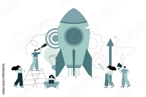 A startup launches a new business in a young developing company. A team of people launches a business rocket.eps