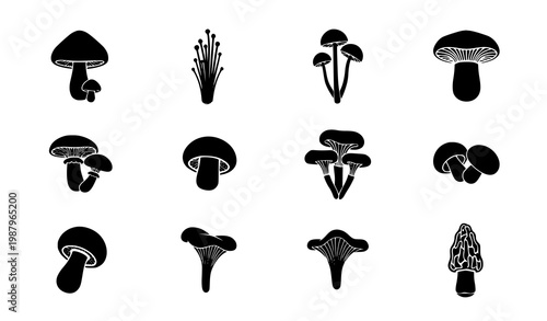 Mushroom silhouette icon grid vector set with elegant botanical nature design