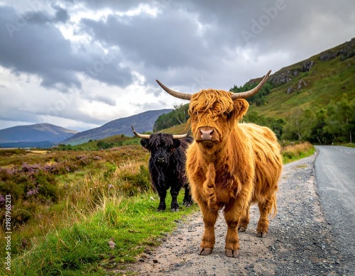 Highland Cattle Grazing in Scenic Scottish Glen with Mountains, Lake, and Dramatic Sunset Sky View