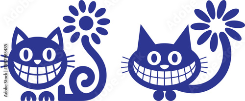 Whimsical blue cartoon cat characters with grinning faces and long flower petal tails vector illustration character illustration whimsical