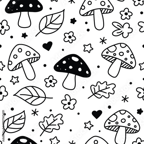 Seamless Mushroom Doodle Pattern with Leaves and Flowers Black Line Art