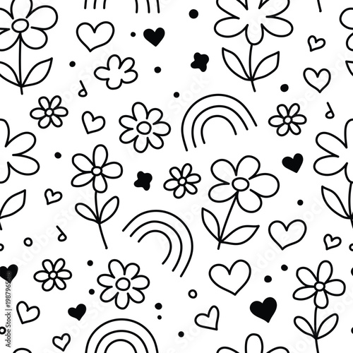 Seamless Floral Doodle Pattern with Rainbow Hearts and Flowers Black Line Art