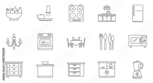 A collection of minimalist black and white line icons depicting various kitchen and dining room elements