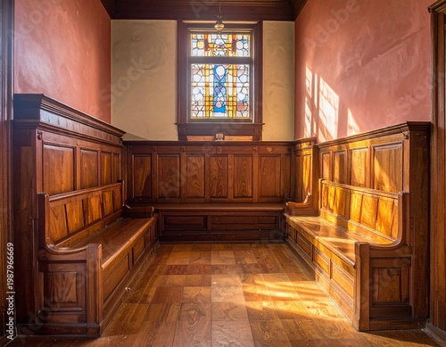 Historic Interior with Dark Wood Wall Paneling, Built-in Benches, and a Colorful Stained Glass Window