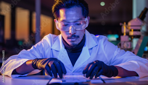 Scientist working in a laboratory with safety goggles and gloves.