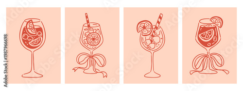 Hand drawn Aperol Spritz cocktail illustrations with orange slices, ice, and ribbons in a minimalist line art style.