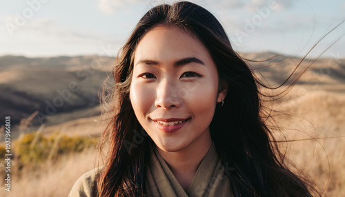 A woman smiling outdoors with a mountainous background and wind-blown hair.