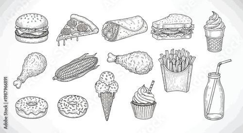 An assortment of fast food items including burgers pizza fried chicken and sweet desserts are shown