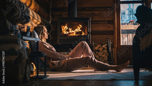 Person relaxing by a fireplace in a cozy wooden cabin.