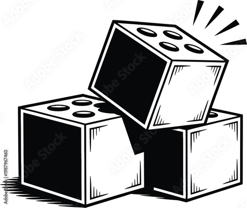 Gaming dice block stacking illustration with gambling activity entertainment recreation illustration monochrome