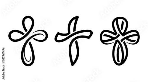 Set of Three Stylized Cross Symbols in Black and White