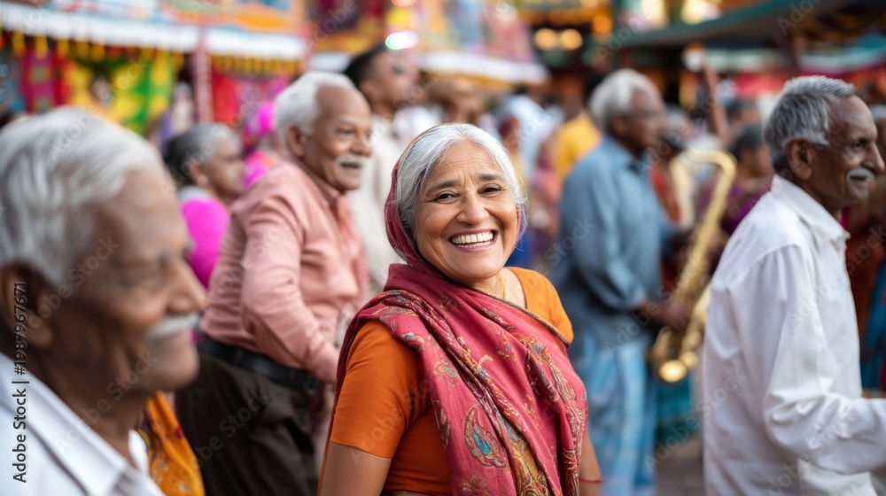 Fototapeta premium Smiling older Indian woman in vibrant festive setting surrounded by joyful crowd.