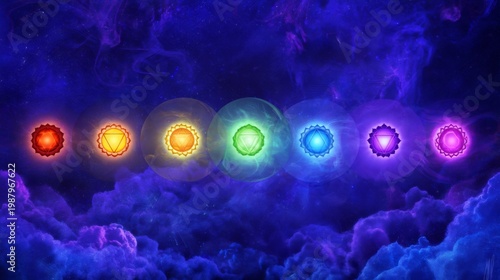 Colorful chakra symbols glowing in a mystical cosmic background.