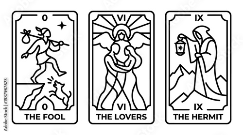 Minimalist Tarot Card Line Art Set The Fool Lovers and Hermit