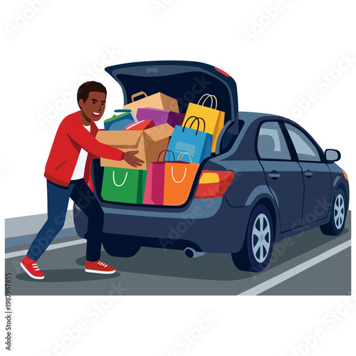 Man loading colorful shopping bags and boxes into car trunk in parking lot