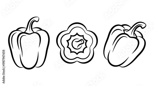 Black and White Bell Peppers Whole and Cross-Sectional View