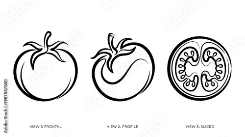 Minimalist Tomato Outline Design in Three Views
