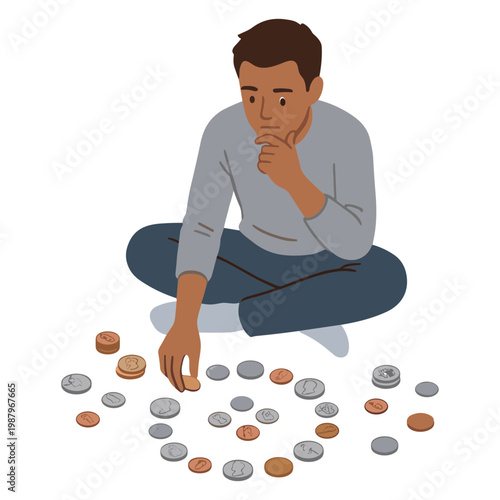 A man sits cross-legged on the floor counting coins carefully.