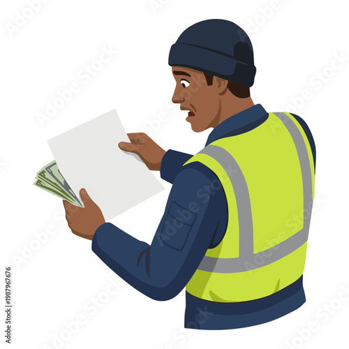 Man in safety vest reviews documents and cash indoors closely