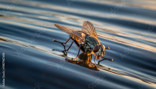A close-up of a fly resting on water surface.