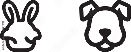 Minimalist Line Art Vector Icons of a Rabbit and Dog Head Set Isolated on White