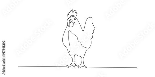 Rooster standing in profile, simple line art, farm animal vector illustration