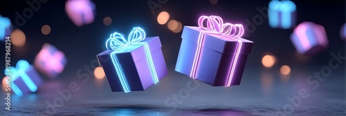 Two glowing gift boxes with vibrant ribbon on a dark, festive background.