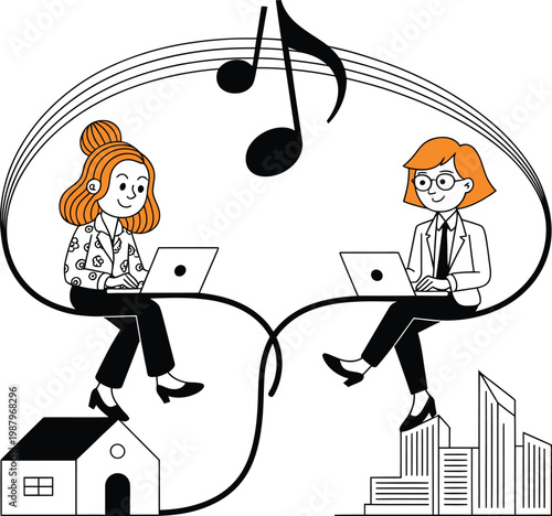 Two women working remotely on laptops while connected by musical notes between a house and city skyline buildings with telecommuting, communication