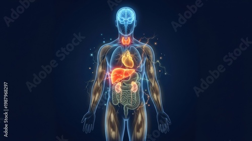 Human body internal organs and endocrine system glowing with energy and light