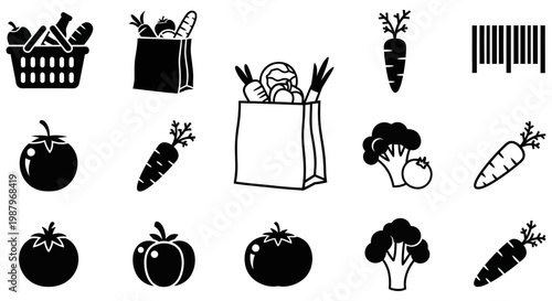 Collection of black and white grocery and fresh vegetable icons