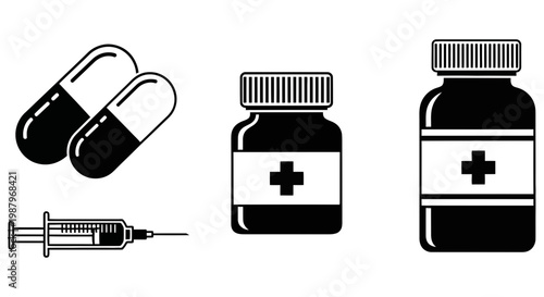Collection of medical pills and bottles with a clinical syringe icon