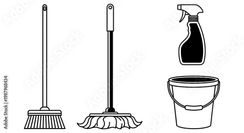 Essential household cleaning tools collection isolated on a white background