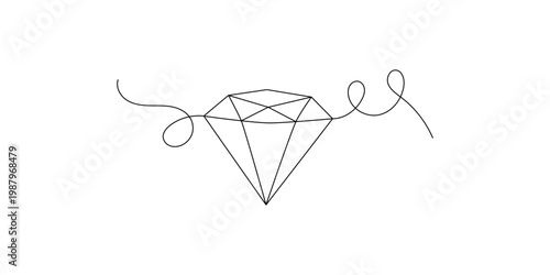 Simple line art drawing of a diamond gemstone with elegant curly flourishes on both sides.