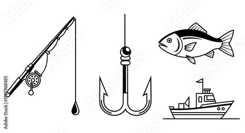 Black and white line art icons depicting various fishing equipment items