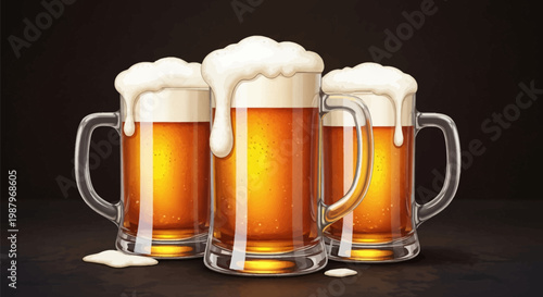 Three glass mugs filled with cold golden lager beer featuring thick frothy white foam heads and carbonation bubbles against a dark background on a textured surface.