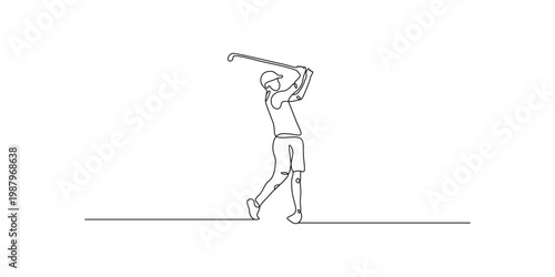 Continuous line drawing of a professional golfer swinging a club on a white background