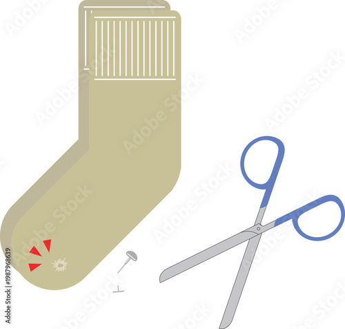 靴下についているプラスチックのタグを切るのに失敗したイラスト