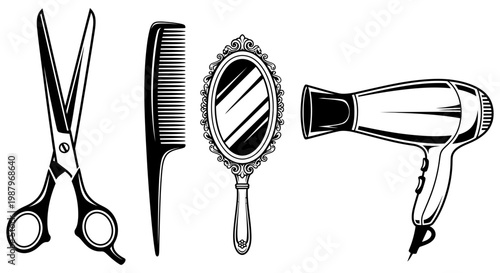 Professional hair salon tools including scissors comb mirror and dryer
