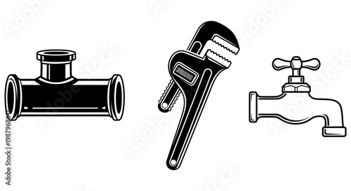 Collection of professional plumbing icons featuring pipe wrench and faucet