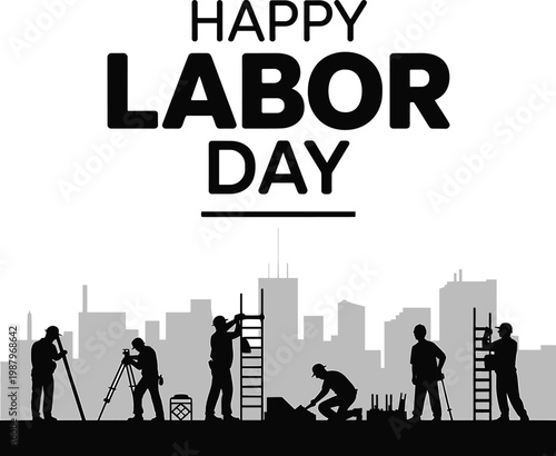PrintHappy Labour Day black and white illustration with workers using tools, ladders, measuring equipment, city skyline background, celebrating hardworking professionals and construction unity